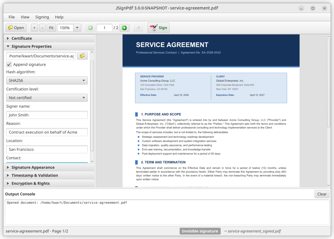Signature properties panel