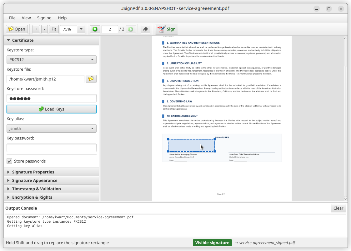 Placing visible signature
